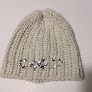 White ivory knit chunky beanie hat rhinestone bling jewel accents adult small